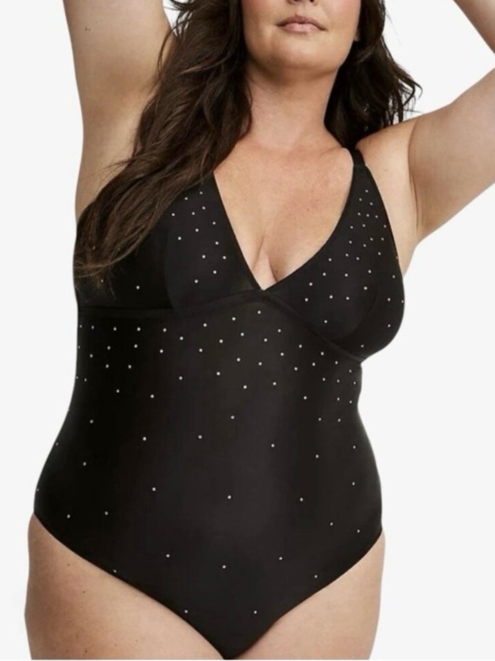 Torrid Size 1 Bodysuit Diamante Wire-Free V-Neck Shiny Black Crystal Embellished